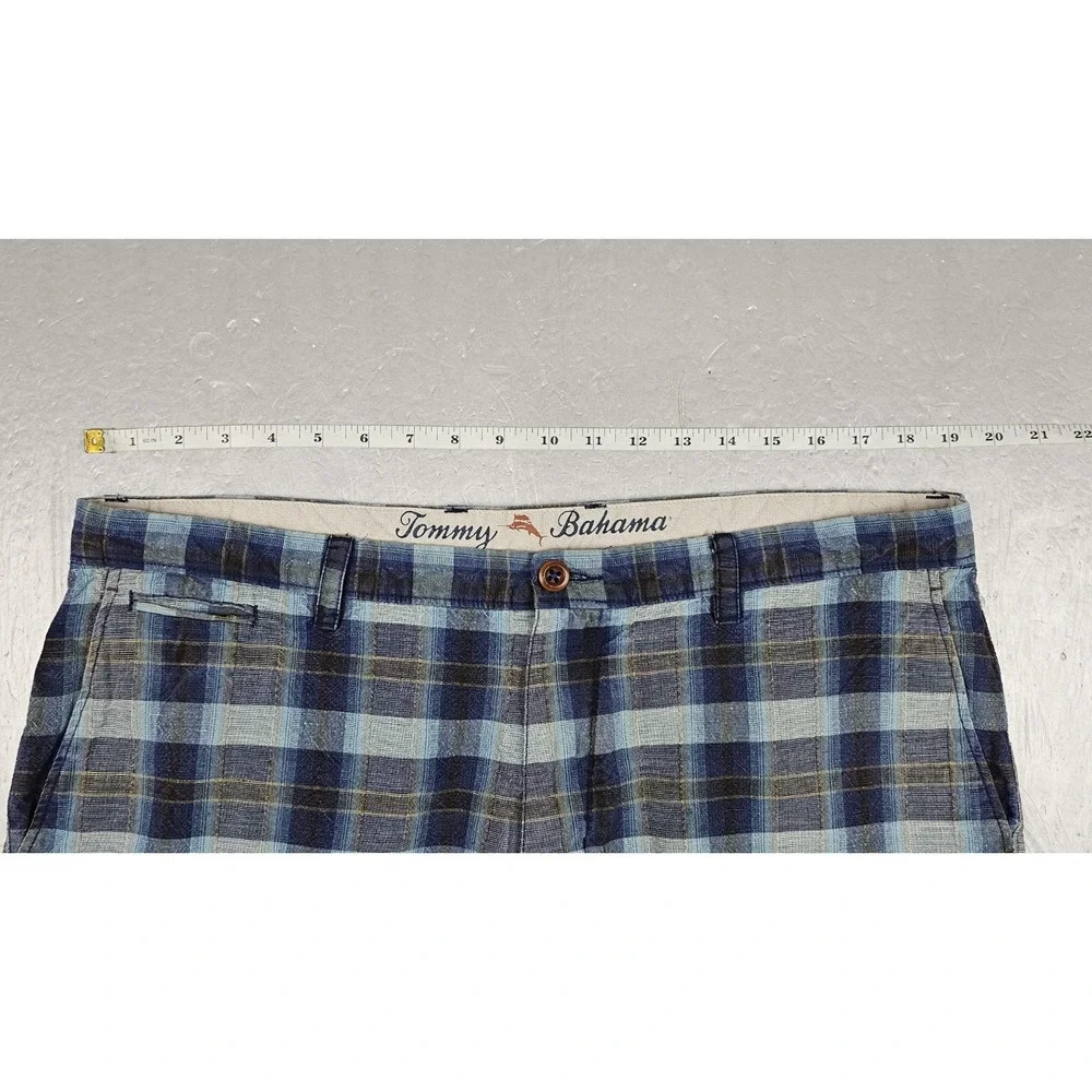 Tommy Bahama Shorts Mens 38 Blue Plaid Linen Tencel Pocket Casual Flat Front